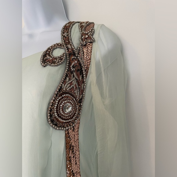 Mint maxi chiffon kameez with matching dupatta and black trousers - Picture 5 of 8